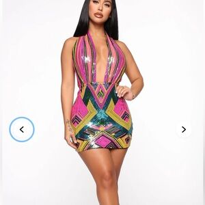 Fashion nova Plunging Halter Sequin Mini Dress in Pink & Green size large #138